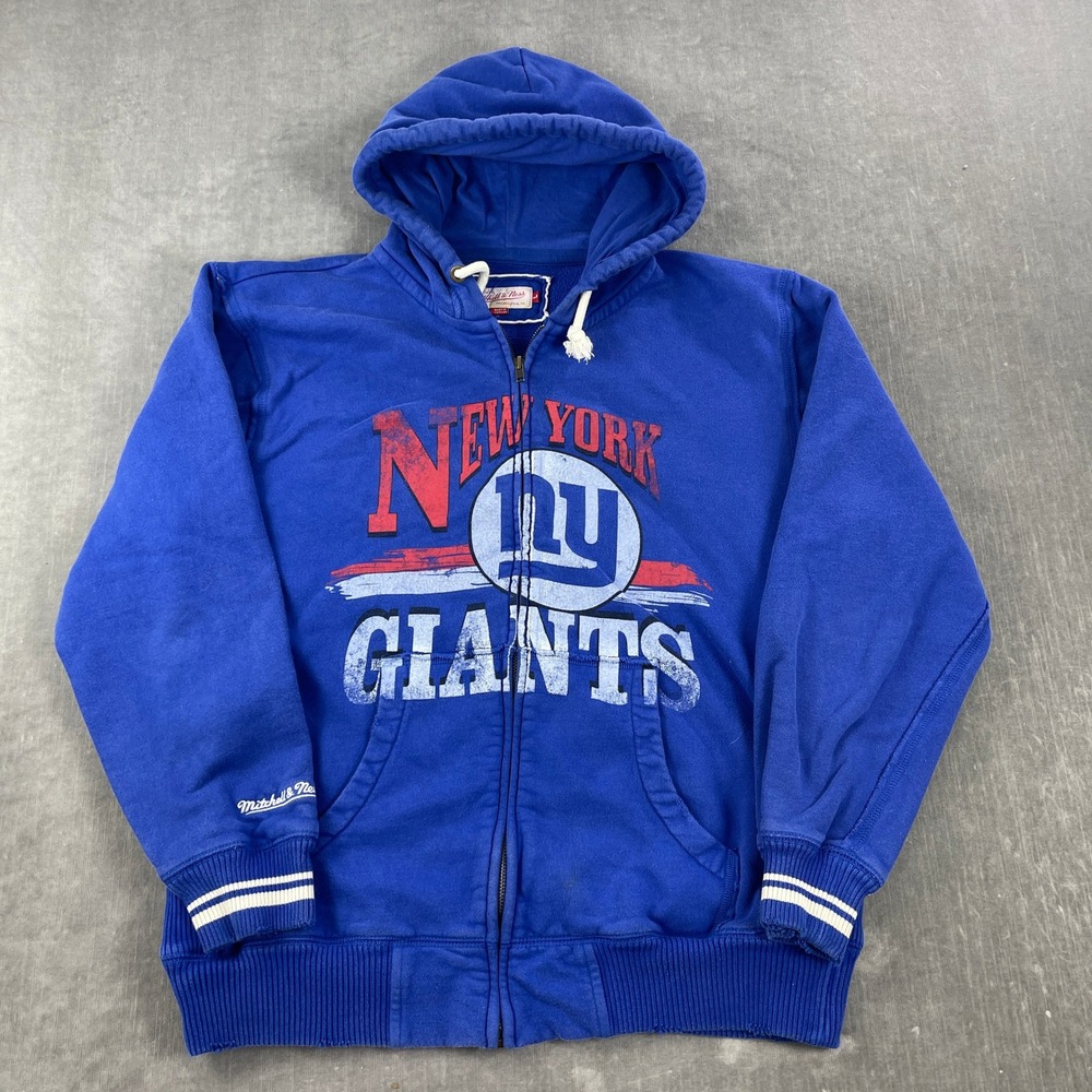 New York Giants Mitchell & Ness Men‎ L Blue Full Zip Hoodie Distressed Graphic